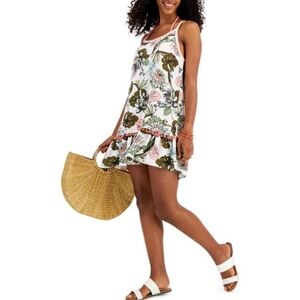 Miken White Tropical Print Tiered Pom Pom Scoop Neck Swimsuit CoverUp dress,Sz S